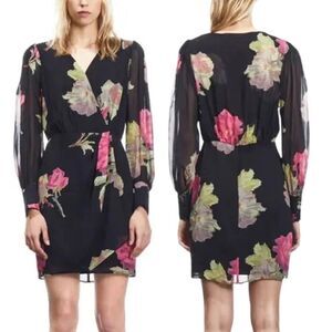 The Kooples Black Floral Faux Wrap Dress Pink Rose Print Long Sleeve Size 1 S